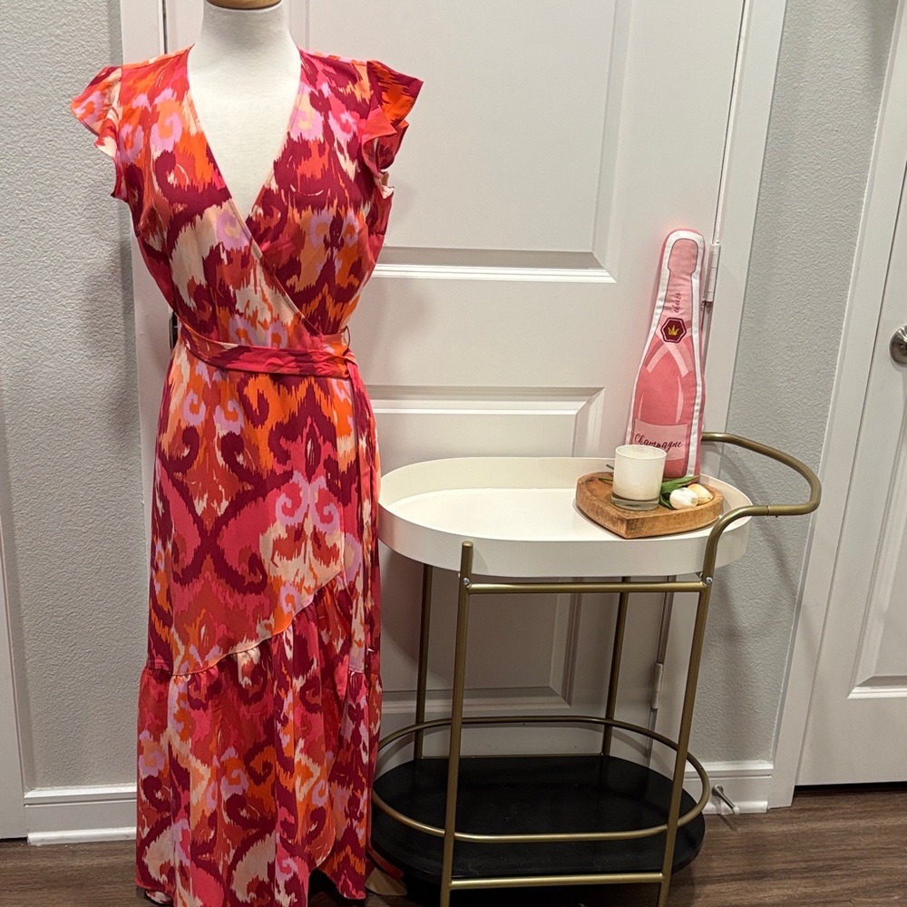 EUC Bar III Vibrant Red and Orange Wrap Dress